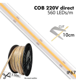 Cob Led Strip 220v Custom Cut 560 Ledm 16wm 1300lmm Flip Chip 50m Ip67 Cut Every 10cm